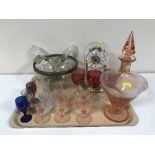 A tray of pink glass Art Deco decanter and glasses, pressed glass bowl and server,