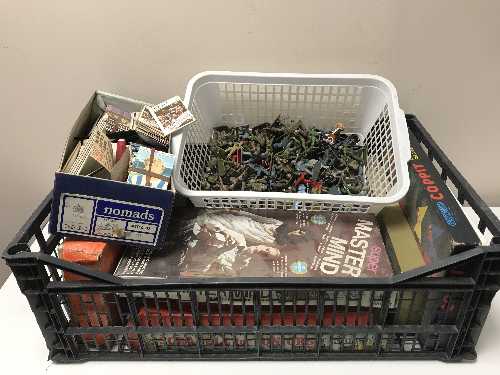 A box of vintage toys, plastic soldiers, board games, marbles,