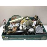 A box of assorted alarms clocks, china figures, serving dishes, watches,