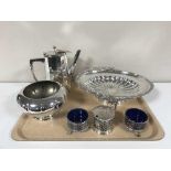 Three piece plated cruet set with liners, plated coffee pot,