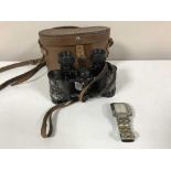 A Tissot gent's wrist watch and a pair of miliary cased binoculars in case marked Royal Artillery