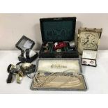 A box of vintage leather jewellery box of cuff links, brooch, badge, wrist watches,