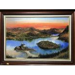 Dallas K Taylor : A castle by a lake, oil on board, signed, framed.