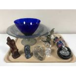 A tray of assorted glass ornaments, paperweights,