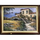 A mahogany framed signed layered oil painting - villa with sea beyond