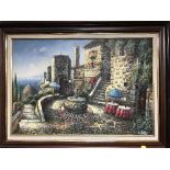 A mahogany framed signed layered oil painting - Village with sea beyond