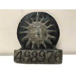A cast iron Sun Insurance plaque policy number 498976