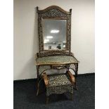 A bamboo and wicker dressing table with mirror and stool
