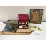 A tray of bone handled riding crop, drawing instruments, weights, pill boxes, Art Deco photo frame,