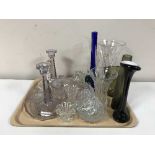 A tray of glass dressing table set, lead crystal mantel clock,