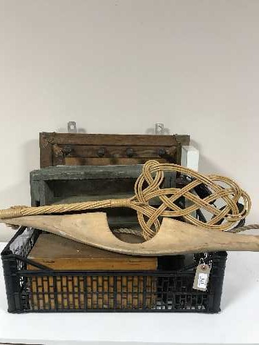 A basket of carpet beater, wooden caddy, wooden wall rack,