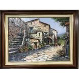 A mahogany framed signed layered oil painting - Mediterranean village scene