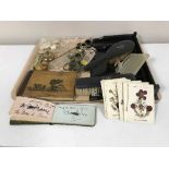 A tray of four piece ebonised dressing table set, treen thread holder, ivory pieces,