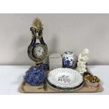 A tray of Victoria & Albert Museum Marie Antoinette mantel clock, Ringtons chintz teapot,