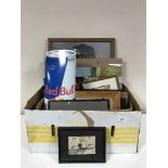 Two boxes of assorted framed pictures, jigsaws, Red Bull signs, Heaton Cooper print,