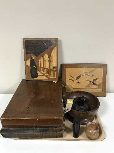 A tray of two marquetry panels, leather case, box of artist's tools,