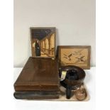 A tray of two marquetry panels, leather case, box of artist's tools,