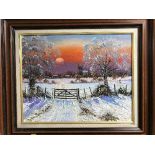 Dallas K Taylor : A winter landscape with village beyond, oil on board, signed, framed.