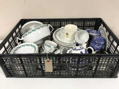 A basket of earthen ware tea and dinner set, Ringtons caddy, teapot,