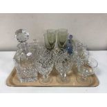 A tray of lead crystal decanter, drinking glasses,