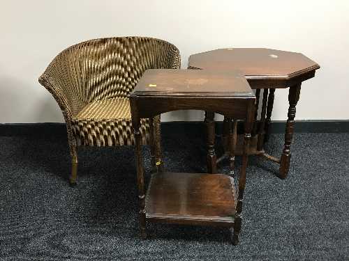 Two occasional tables and a loom basket chair