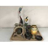 A tray of Murano glass clown, duck figure, pottery ornaments,