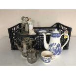 Three baskets of tea china, glass ware, continental figures,