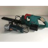 A Bosch cordless electric hedge trimmer and a Black & Decker grinder