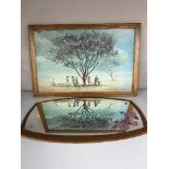 A mirror on teak board, framed pastel by J WIlson,