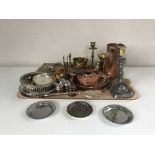 A tray of 20th century brass, copper and plated ware including brass embossed cigarette box,