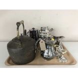 An antique brass handled kettle and a tray of plated ware