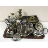 A collection of silver plated items and brassware, to include toast rack, tankards, teapot, cutlery,