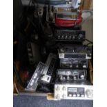 A box of assorted ham radio transceivers and Linear amps by Binatone, Hawk,