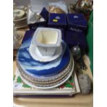 A tray of assorted collector's plates, three boxed Royal Worcester cups, boxed Aynsley china,