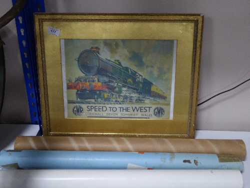 A gilt framed railway lithographic print entitled Speed to the West, Cornwall, Devon, Somerset,