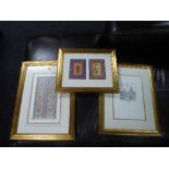 Three gilt coloured framed prints depicting an Eastern temple,