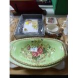 A tray of Maling Rosalind dishes, Maling Rosine plate, similar bowl, Goebel figure,