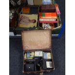 Two boxes and a case of 8 track player and 8 tracks, assorted books, records - Elvis,