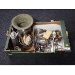 A box containing a quantity of plated ware including three piece brush set, twin handled planter,