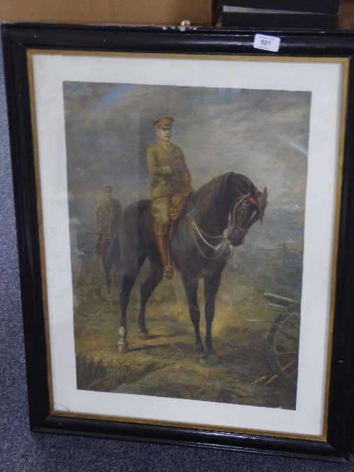 A framed colour print depicting field Marshall Douglas Haig on horseback