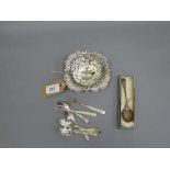 A silver pierced dish, together with six silver teaspoons, two silver pickle forks and silver spoon.