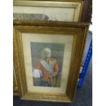 A gilt framed antiquarian print figure in military dress by Russell London and a framed colour