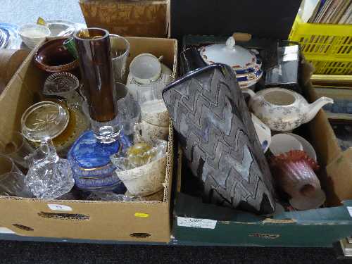 Two boxes containing a large quantity of pressed glass, Ringtons caddy, studio pottery,