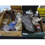 Two boxes containing a large quantity of pressed glass, Ringtons caddy, studio pottery,