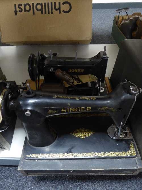 A cased Jones electric sewing machine and a Singer hand sewing machine