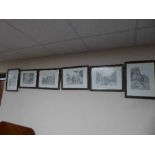 Set of six framed monochrome framed prints of continental street scenes