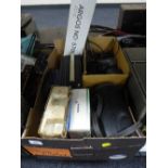 A box of camera equipment, boxed walkie talkies, boxed Nokia mobile phone,