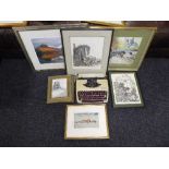 A box of cased Olympia Splendid 33 typewriter, framed pictures inc.