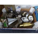 A box of money boxes, plated ware, pewter ware, bull ornaments,