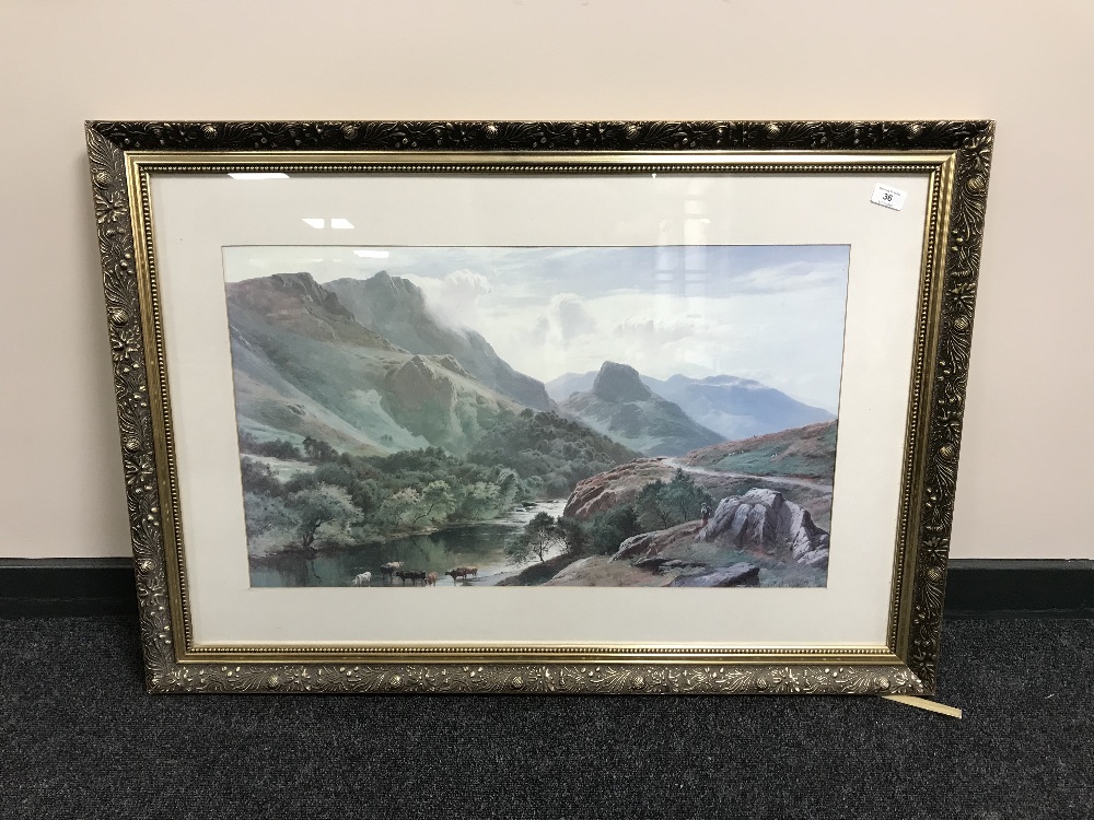 A large gilt framed colour print, cattle watering in a highland landscape,